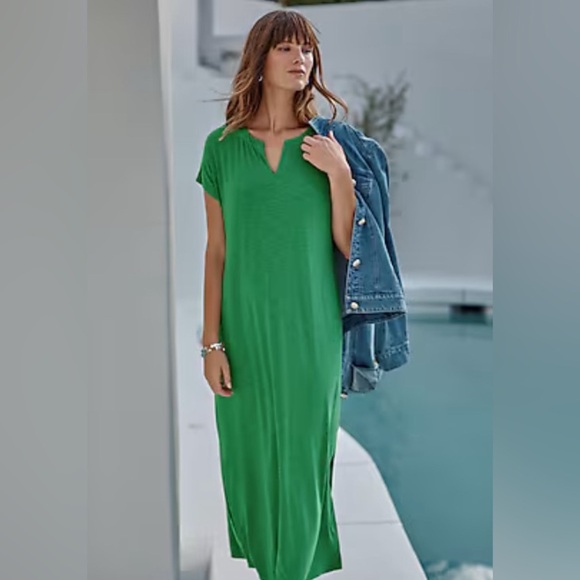 NWT J.Jill Green Split Neck Dolman Sleeve V-Neck Maxi Dress SZ S - Picture 1 of 15